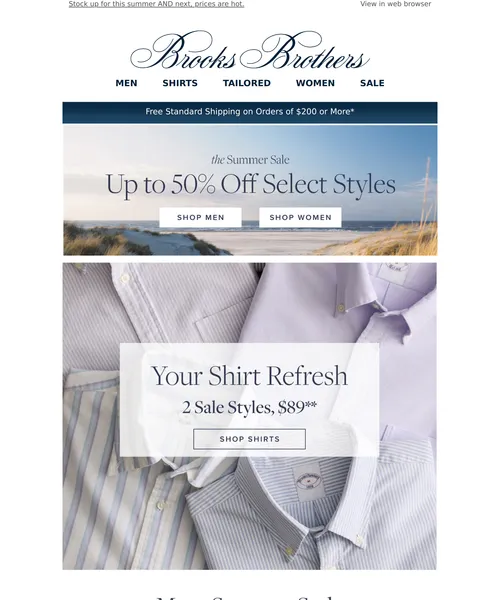Brooks Brothers email layout for Summer sale shirts, 2 for $89