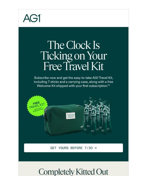 AG1 email layout for 7 days left to claim your free travel kit