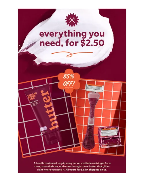 Dollar Shave Club email layout for They charge extra for pink. We charge $2.50.