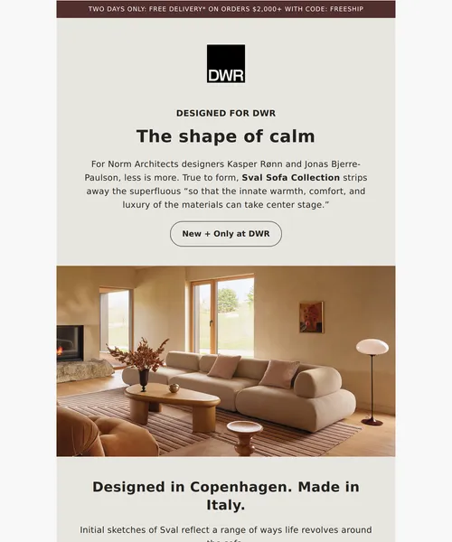 Design Within Reach email layout for New Sval Sofa – only at DWR