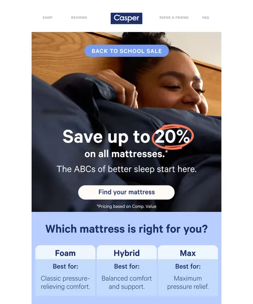 Casper email layout for Save up to 20% on mattresses during our Back to School Sale.*