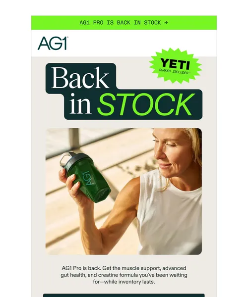 AG1 email layout for AG1 Pro is BACK