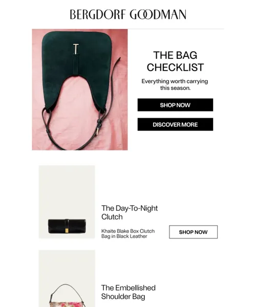 Bergdorf Goodman email layout for The Handbag Checklist