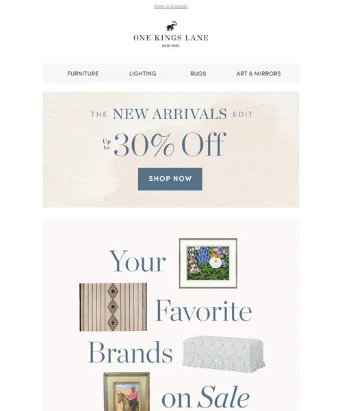 One Kings Lane email layout for New from Ralph Lauren Home, Bernhardt Furniture & Soicher Marin — Up to 30% Off