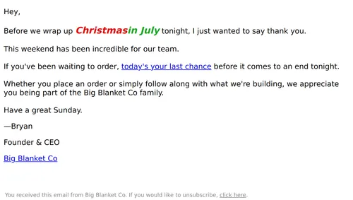 Big Blanket Co email layout for Ends Tonight
