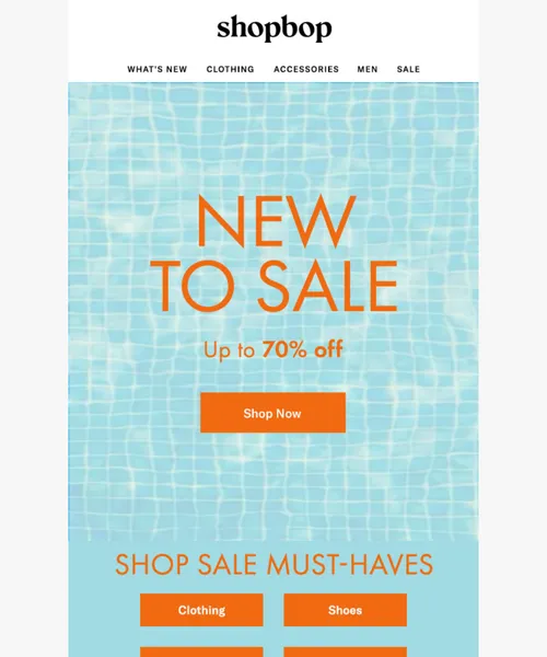 ShopBop email layout for SALE: up to 70% off