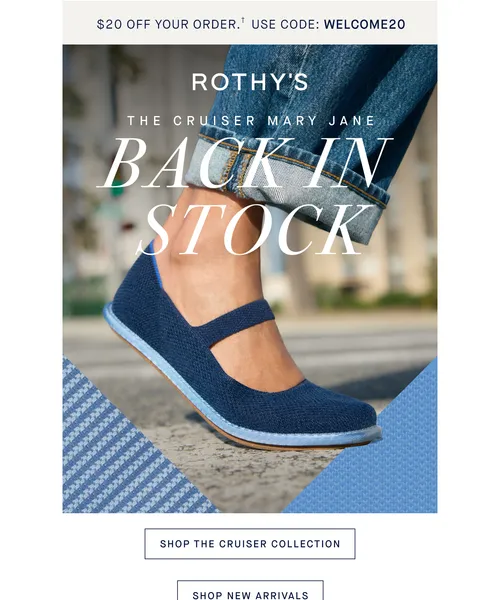 Rothy's email layout for It’s back! The Navy Cruiser MJ.