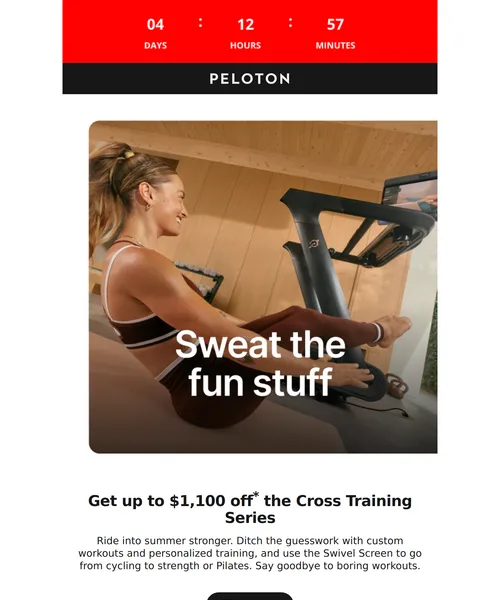 Peleton email layout for Up to $1,100 off the Cross Training Series