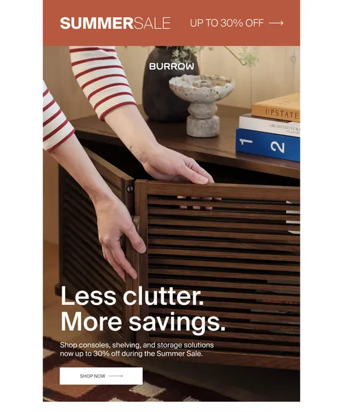 Burrow email layout for Storage is up to 30% off