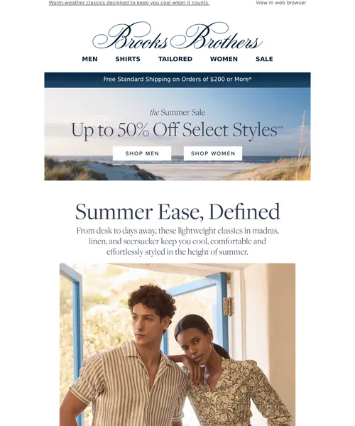Brooks Brothers email layout for Refined summer styles, up to 50% off