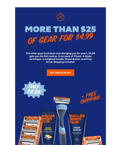 Dollar Shave Club email layout for Pay $4.99. The kit's worth $29.50. Shh.