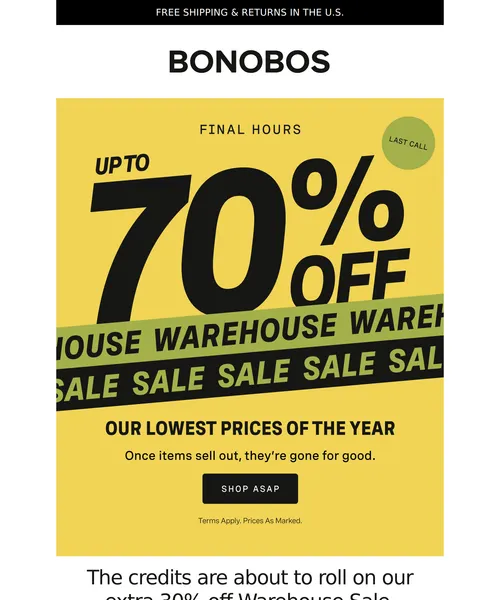 Bonobos email layout for Final Hours: Extra 30% Off Sale Prices