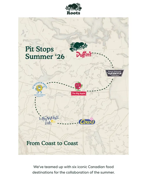 Roots email layout for Meet the Limited-Edition Pit Stops Summer '26 Collection 🍁