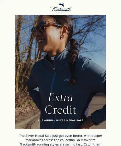 Tracksmith email layout for New Discounts in the Silver Medal Sale
