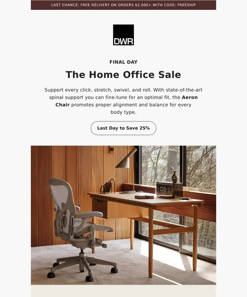 Design Within Reach email layout for Ends tonight: Free delivery on orders $2,000+