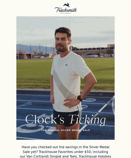 Tracksmith email layout for Stock Up and Save in our Silver Medal Sale