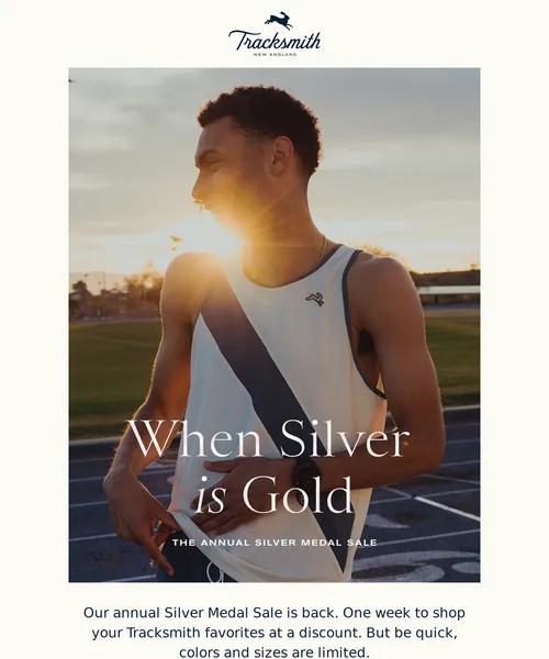 Tracksmith email layout for The Silver Medal Sale Starts Today