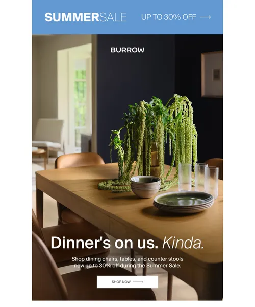 Burrow email layout for The Summer Sale hits the dining room