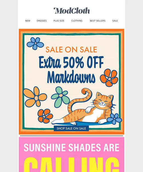 ModCloth email layout for EXTRA 50% OFF markdowns. 🎈