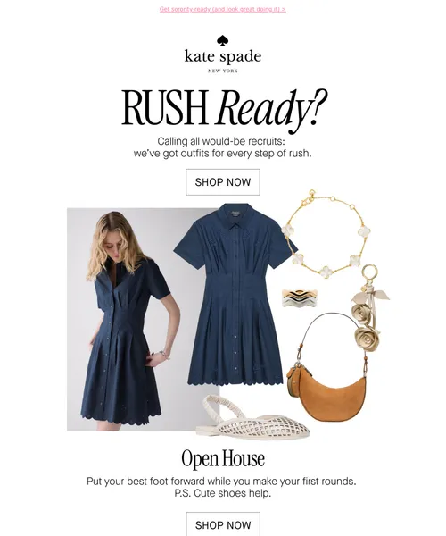 Kate Spade email layout for Welcome to rush season!