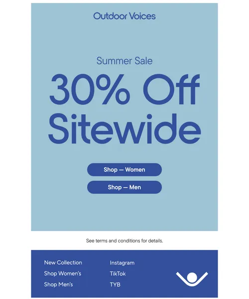 Outdoor Voices email layout for SUMMER'S NOT OVER YET​
