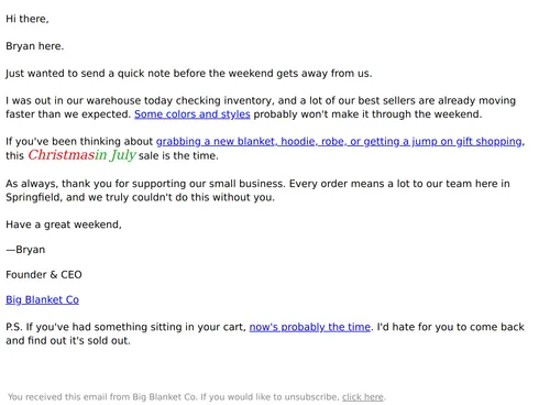 Big Blanket Co email layout for I walked the warehouse today...