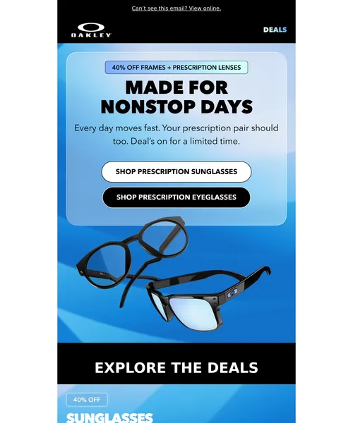 Oakley email layout for 40% Off Frames + Prescription Lenses
