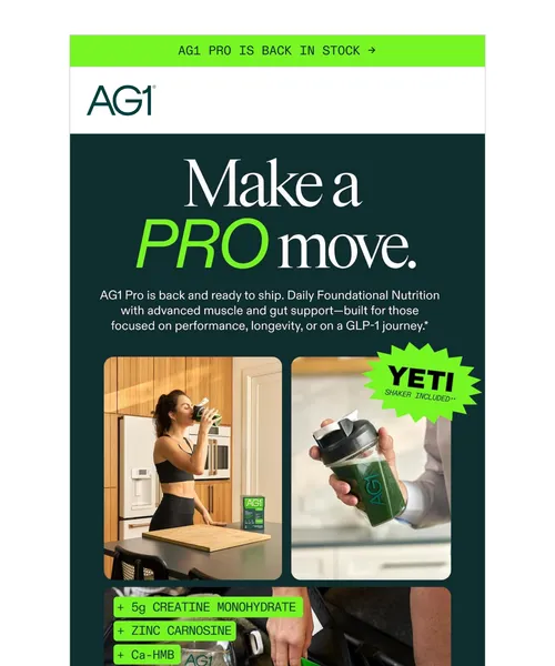 AG1 email layout for Back In Stock: AG1 Pro