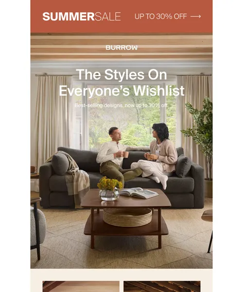 Burrow email layout for Up to 30% off everyone’s favorite styles