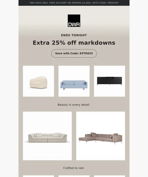 Design Within Reach email layout for Final day: Extra 25% off markdowns
