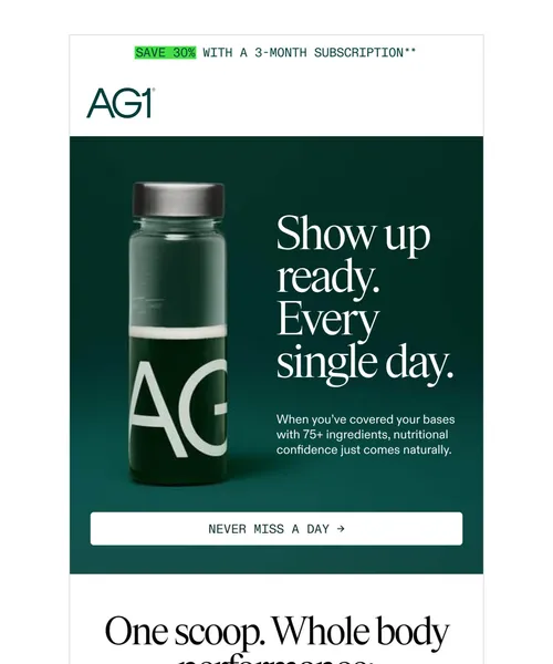 AG1 email layout for 30% Off With Quarterly Subscription
