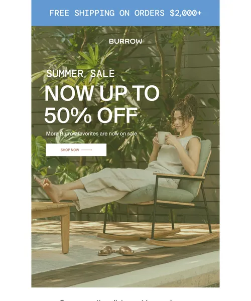 Burrow email layout for Now up to 50% off. New styles added.