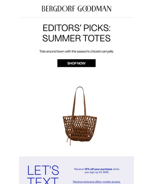 Bergdorf Goodman email layout for Editors’ Picks: Summer Totes
