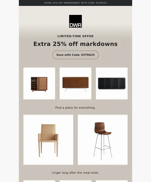 Design Within Reach email layout for Extra 25% off storage and dining markdowns