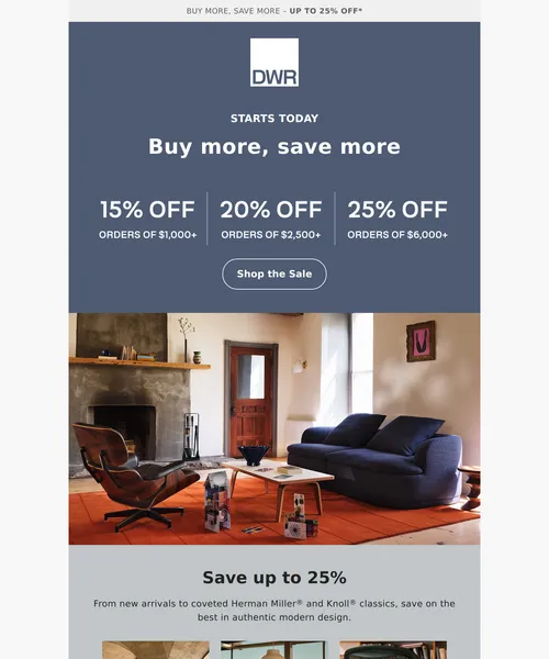 Design Within Reach email layout for Starts today: Buy more, save more