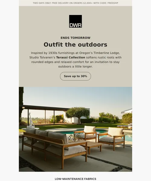 Design Within Reach email layout for Two days only: Free delivery on orders $2,000+