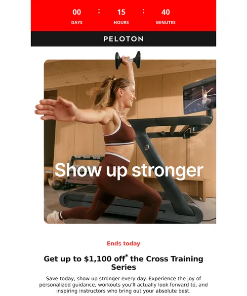 Peleton email layout for Ends today: up to $1,100* to get stronger