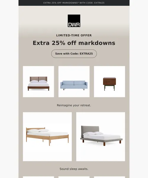 Design Within Reach email layout for Bedroom markdowns: up to 50% off