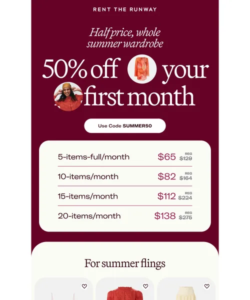 Rent the Runway email layout for Save 50% on your first month