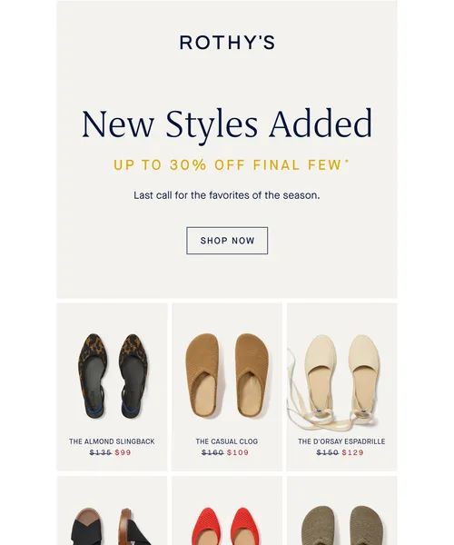 Rothy's email layout for NEW. STYLES. ON. SALE.