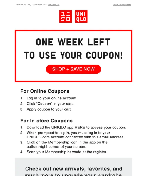 Uniqlo email layout for Reminder: Your coupon expires in 1 week