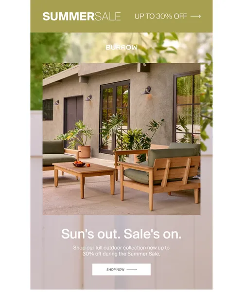 Burrow email layout for Sun's out. Sale's on.