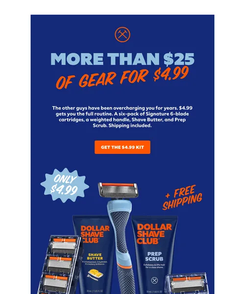 Dollar Shave Club email layout for $4.99 or 80% off. Quit overpaying.