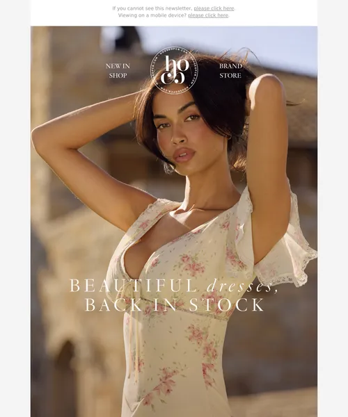 House of CB email layout for Beautiful dresses, back in stock ✨🌼