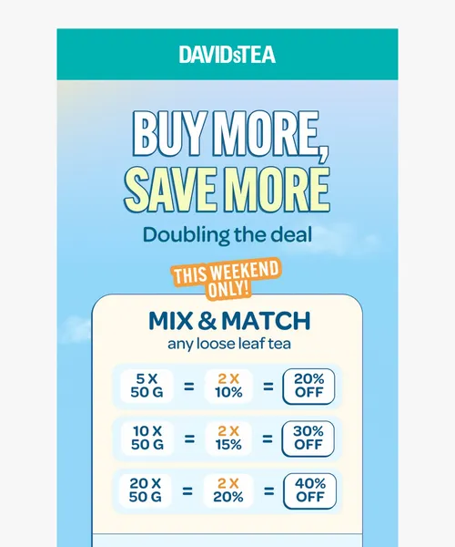 David's Tea email layout for We’ve DOUBLED our bulk deal 😍