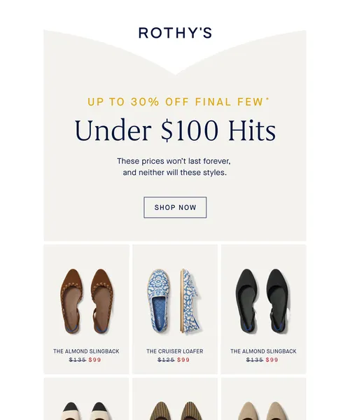 Rothy's email layout for All these. All under $100.
