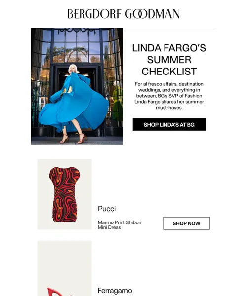 Bergdorf Goodman email layout for Linda Fargo’s Summer Checklist