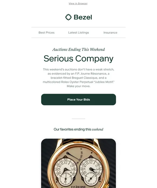 Bezel email layout for Auction Ending This Weekend: Rolex, F.P. Journe, Breguet, and more