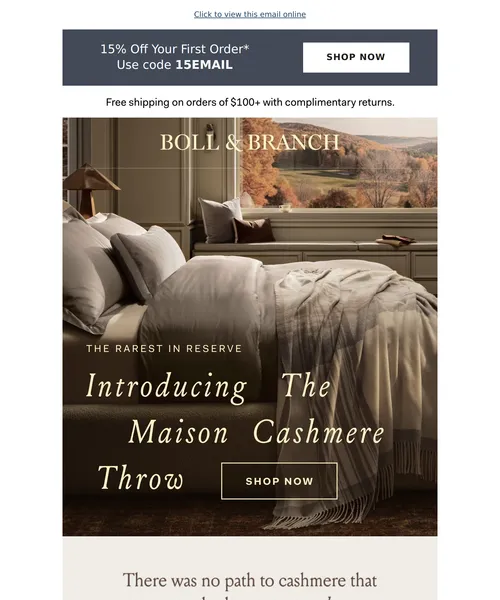 Boll & Branch email layout for Introducing Reserve Maison Cashmere.