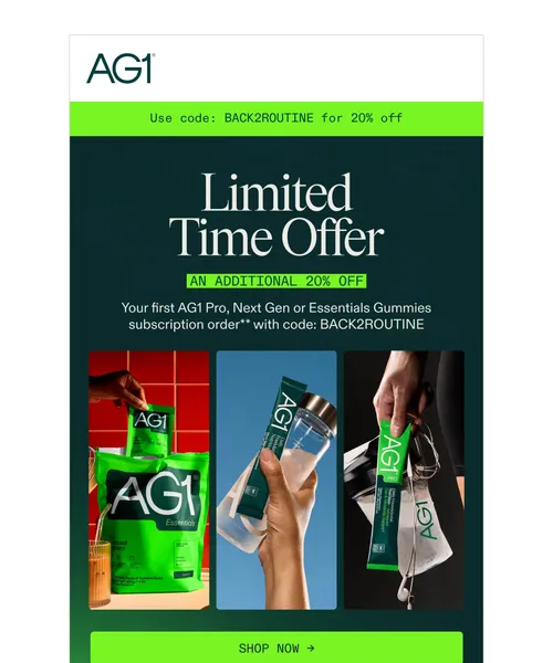 AG1 email layout for Only Two Weeks Left!
